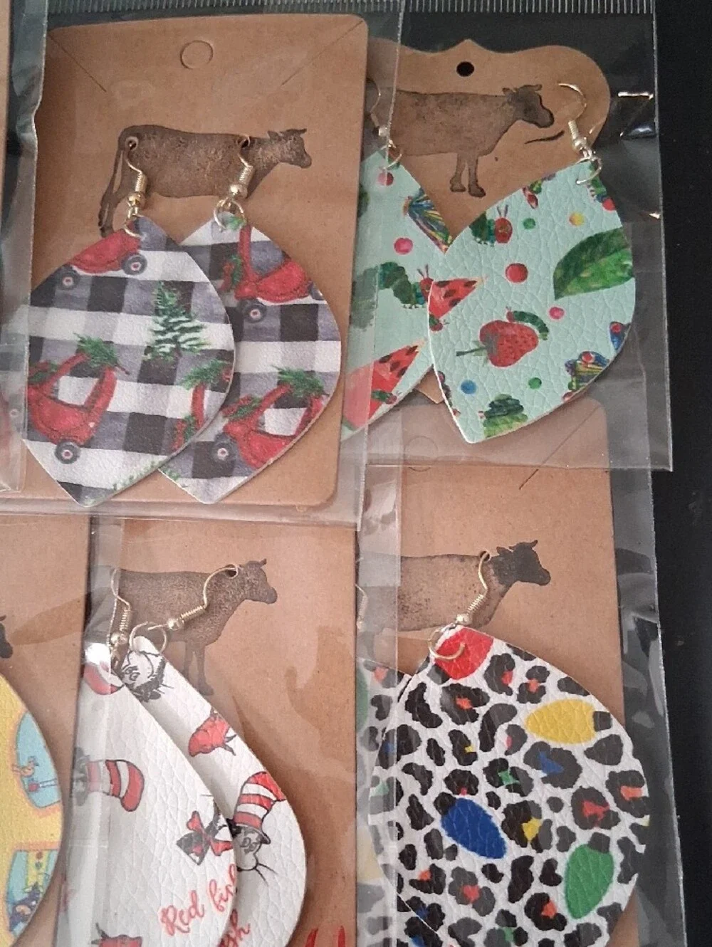 8 Pairs Christmas Tree & Red Pattern Lightweight Teardrop Earrings.